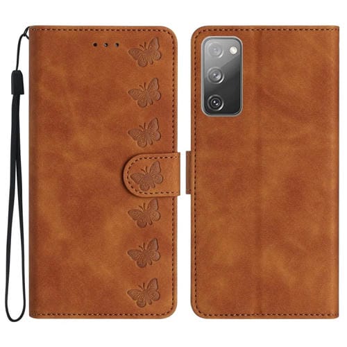 Funda de Cuero para Samsung Galaxy S20 FE Siete Mariposas En Relieve (Marrón)