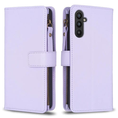 Para Samsung Galaxy A24 4G 9 Ranuras para tarjetas Cremallera Cartera Funda de cuero con tapa para teléfono (Morado claro)