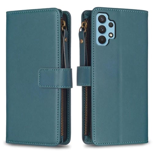 Para Samsung Galaxy A32 4G 9 Ranuras para tarjetas Cremallera Cartera Funda de cuero con tapa para teléfono (Verde)
