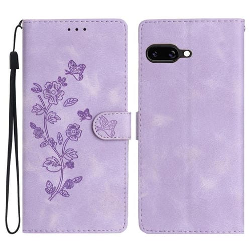 Funda de Cuero con Estampado de Flores y Mariposas para Google Pixel 9A (Morado)