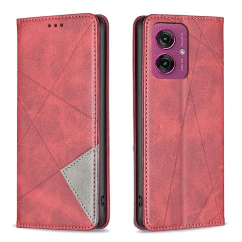 Funda de Cuero Magnética con Textura de Rombos para Motorola Moto G55 (Rojo)