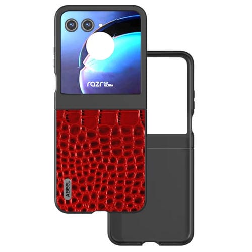 Funda para Motorola Razr 50 Abeel Cuero Genuino con Patrón de Cocodrilo y Borde Negro (Rojo)