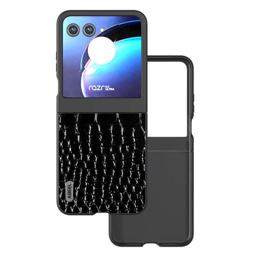 Funda para Motorola Razr 50 Abeel Cuero Genuino con Patrón de Cocodrilo y Borde Negro (Negro)