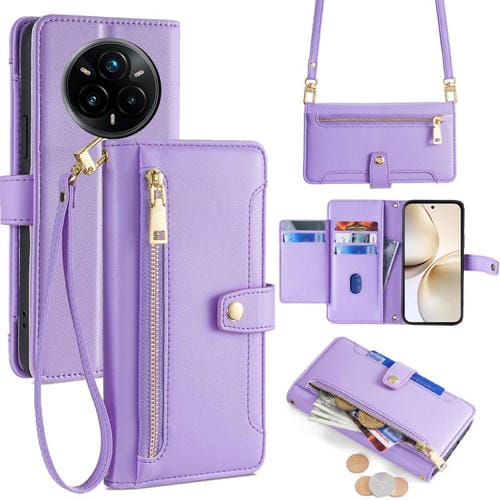 Funda de Cuero Tipo Cartera con Cremallera y Textura de Oveja para Realme 14 Pro 5G (Morado)