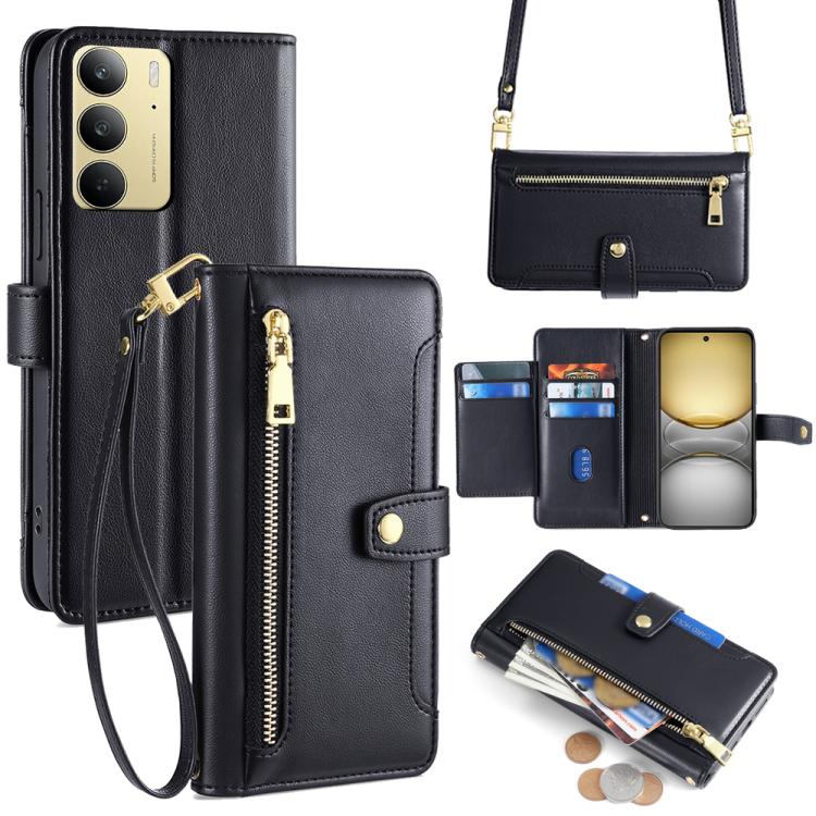 Funda de Cuero con Cremallera y Diseño de Oveja para Realme C75 4G / 14X 5G (Negro)