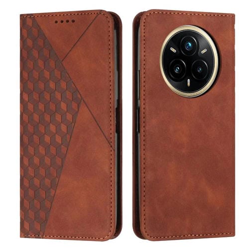 Funda de Cuero Magnética con Textura de Diamante para Realme 14 Pro (Marrón)