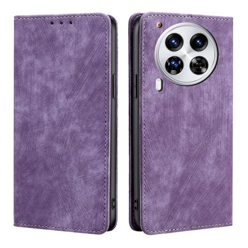 Funda de Cuero Magnética con Cepillo Antirrobo RFID para Tecno Camon 30 Premier 5G (Morado)