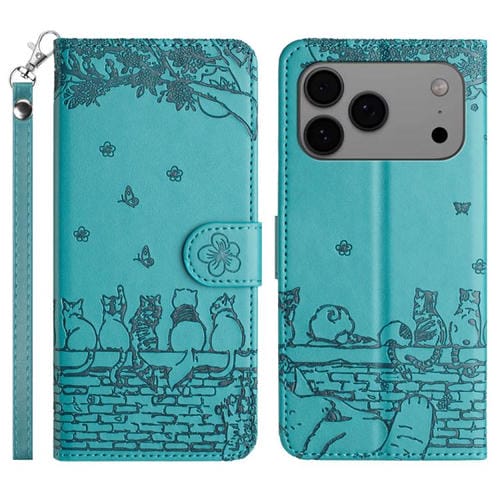 Funda de piel con estampado de gato y cordón para iPhone 17 Pro Max (azul)