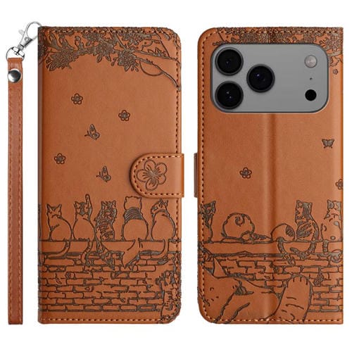 Funda de piel con estampado de gato y cordón para iPhone 17 Pro Max (marrón)