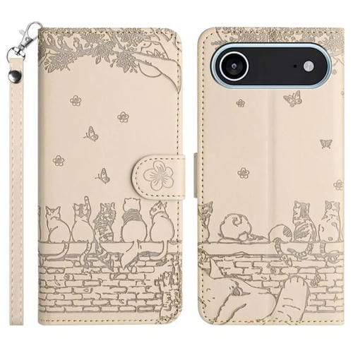 Funda de piel con estampado de gato en relieve para iPhone 17 Air con cordón (beige)