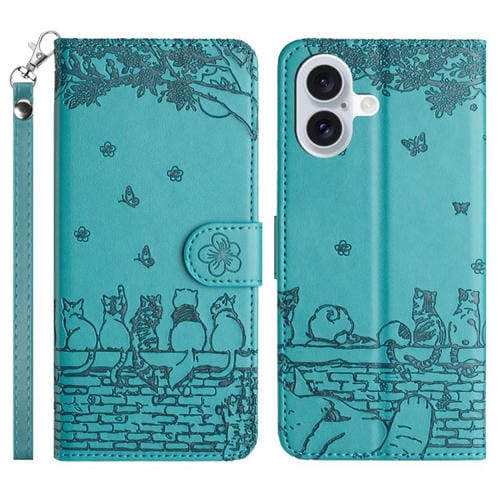Funda de piel con estampado de gato y cordón para iPhone 17 (azul)