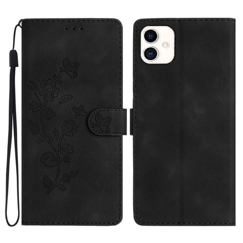 Funda de Cuero Samsung Galaxy A05 con Estampado de Mariposa y Flores (Negro)