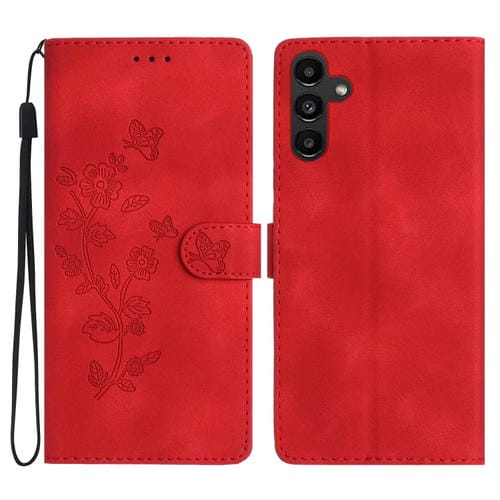 Funda para Samsung Galaxy A35 5G Cuero Estampado Mariposa y Flor (Rojo)