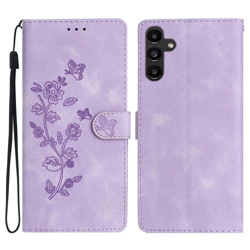 Funda de Cuero Samsung Galaxy A35 5G Estampado Mariposa y Flor (Púrpura)