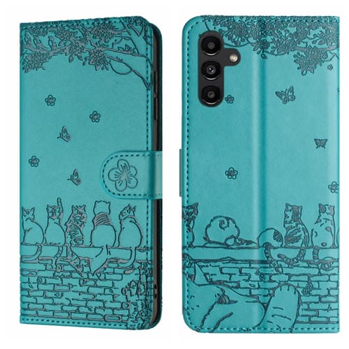 Funda de Cuero Samsung Galaxy A15 con Estampado de Gato y Cordón (Azul)