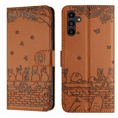 Funda de Cuero Samsung Galaxy A15 Estampado de Gato con CordĂłn (MarrĂłn)
