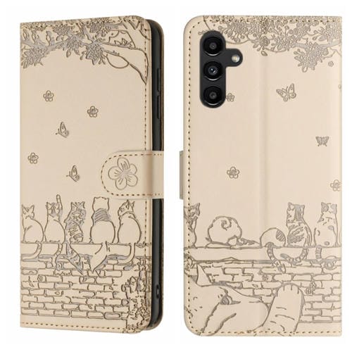 Funda de Cuero Samsung Galaxy A15 Estampado de Gato con CordĂłn (Beige)