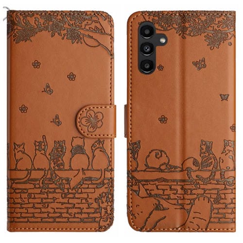 Funda para Teléfono Samsung Galaxy A15 5G Cuero Estampado de Gato con Cordón (Marrón)