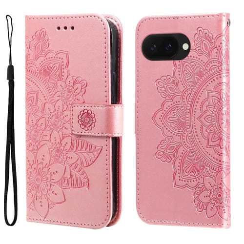Funda de Cuero con Relieve Flores de Siete Pétalos para Google Pixel 9A (Oro Rosa)