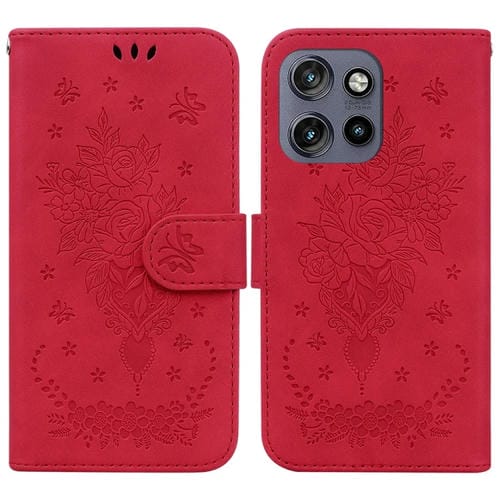 Funda de Cuero con Relieve Mariposa y Rosa para Motorola Edge 50 Neo 5G Global (Rojo)