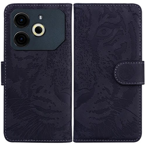 Funda de Cuero para Tecno Pova 6 Neo con Tapa y Estampado de Tigre (Negra)