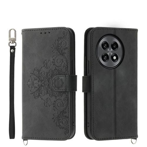 Funda de Cuero con Relieve de Flores para OnePlus 13R/Ace 5/Ace 5 Pro (Negra)