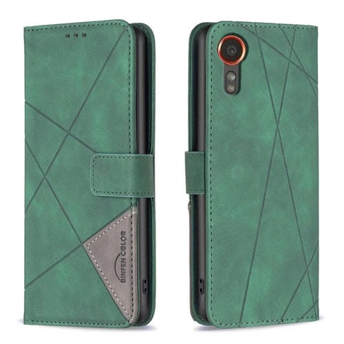 Funda para Teléfono Samsung Galaxy Xcover 7 Cuero Textura de Rombo Hebilla Magnética (Verde)