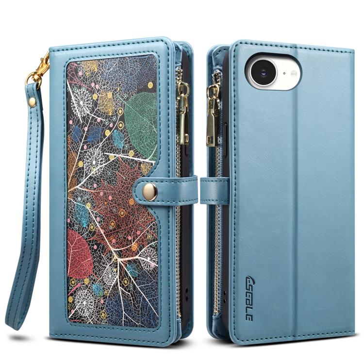 Estuche de Cuero Rfid Eseble Serie Star para iPhone 16E con Cremallera y Cordón (Azul)