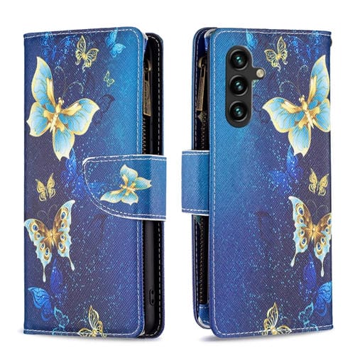 Funda de Cuero para Samsung Galaxy A35 con Cremallera y Patrón de Mariposa Dorada