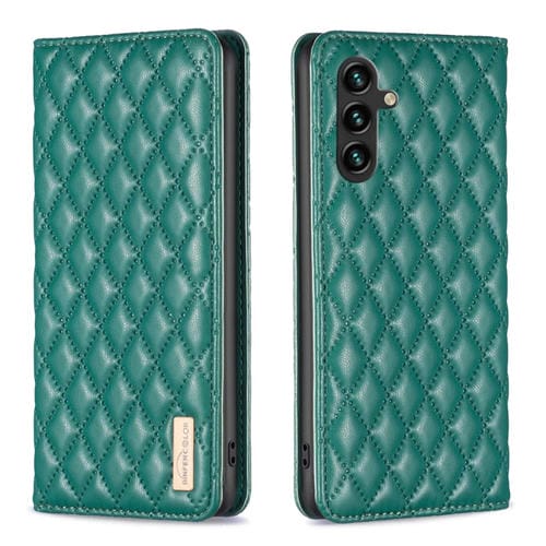 Funda para Teléfono Samsung Galaxy A35 Diamond Lattice con Tapa de Cuero Magnético (Verde)
