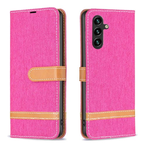 Funda para Teléfono Samsung Galaxy A55 Cuero Textura Vaquera Bloques de Color (Rojo Rosa)