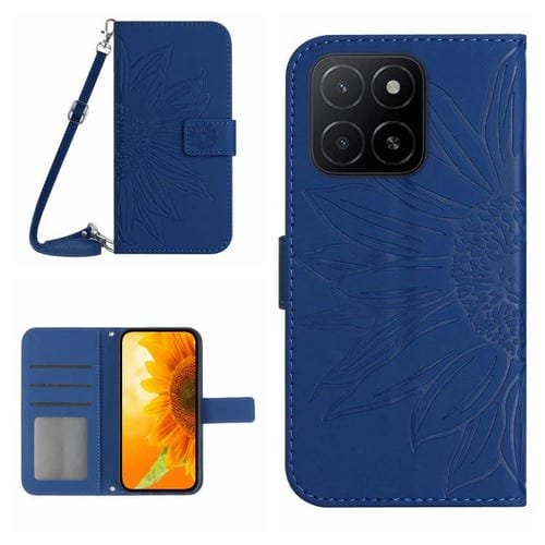 Funda de Cuero Honor X8C 4G con Diseño de Girasoles y Cordón (Azul Oscuro)