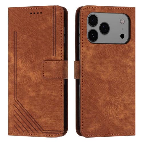 Funda de cuero con estampado de rayas y cordón para iPhone 17 Pro Max (marrón)