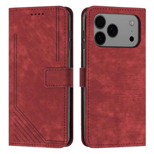 Funda de piel con estampado de rayas y cordón para iPhone 17 Pro Max (roja)