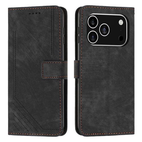 Funda de piel con estampado de rayas y cordón para iPhone 17 Pro (negra)