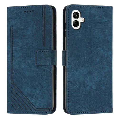 Funda de Cuero Samsung Galaxy A05 Skin Feel con Patrón de Rayas y Cordón (Azul)