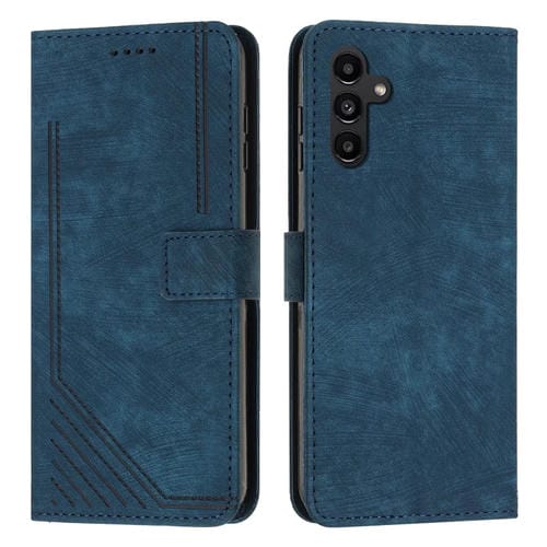 Funda de Cuero Samsung Galaxy A15 Skin Feel con Patrón de Rayas y Cordón (Azul)