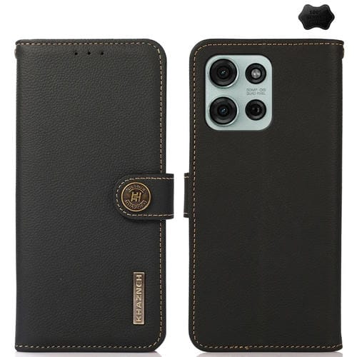 Funda de Teléfono Khazneh Custer de Cuero Genuino con RFID para Motorola Moto G75 5G (Negro)