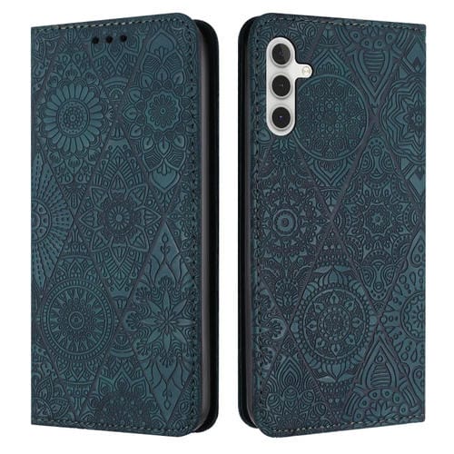 Funda de Cuero para Samsung Galaxy A15 con Adsorción en Relieve Étnico (Azul)