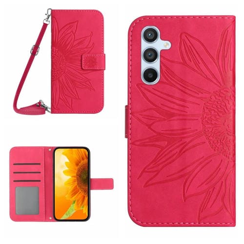 Funda de Cuero Samsung Galaxy A35 5G Skin Feel Sun Flower con Tapa En Relieve y CordĂłn (Rojo Rosa)
