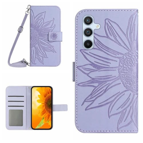 Funda de Cuero Samsung Galaxy A55 5G Skin Feel Sun Flower con Tapa En Relieve y Cordón (Púrpura)