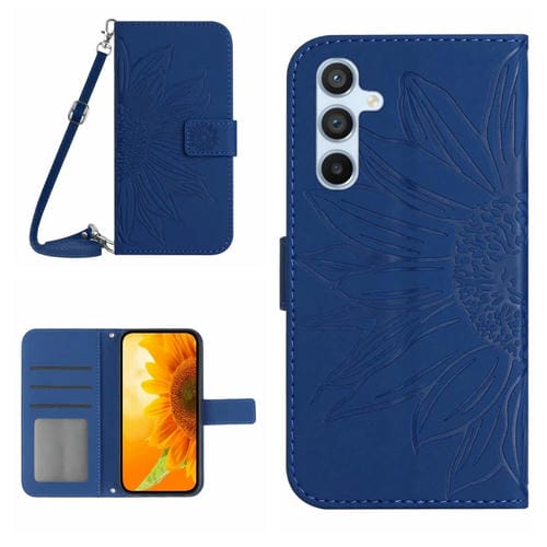 Funda de Cuero Samsung Galaxy A55 5G Skin Feel Sun Flower con Tapa En Relieve y CordĂłn (Azul Oscuro)