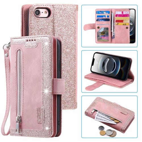 Funda de Cuero para iPhone 16E con Cremallera y Cordón (Rosa)