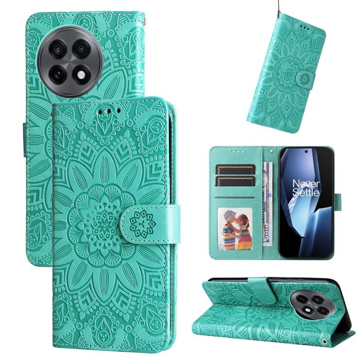 Funda de Piel con Relieve de Girasol para OnePlus 13R/Ace 5/Ace 5 Pro (Verde)