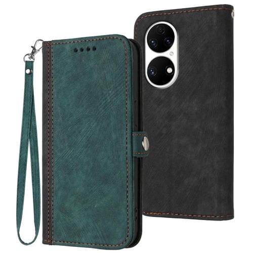 Funda de Cuero para Huawei P50 con Correa de Mano y Hebilla Lateral Doble (Verde Oscuro)
