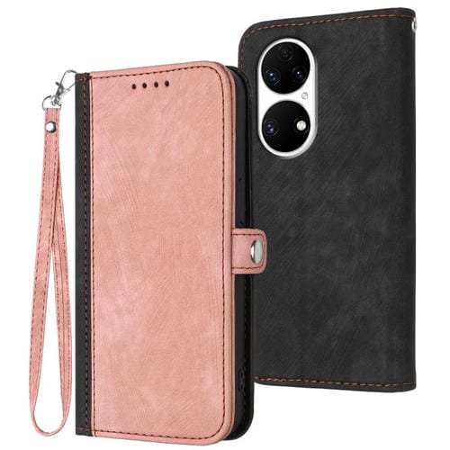 Funda de Cuero para Huawei P50 con Correa de Mano y Hebilla Lateral Doble Plegable (Rosa)