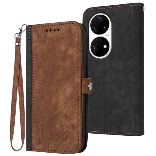 Funda de Cuero para Huawei P50 Pro con Correa de Mano y Hebilla Lateral Doble (Marrón)