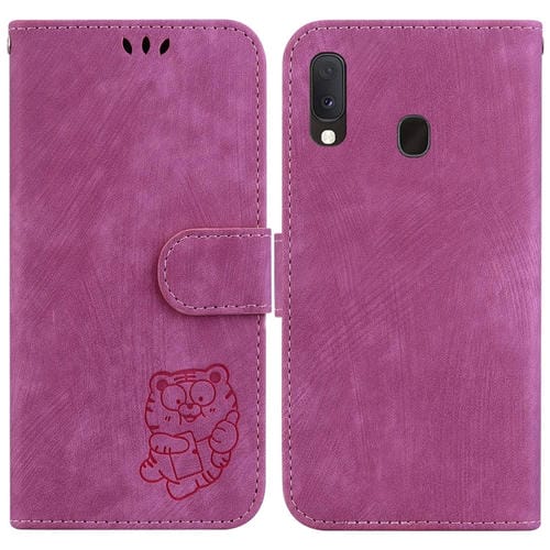 Para Samsung Galaxy A10e / A20e Funda para teléfono de cuero con relieve Little Tiger (rojo rosa)