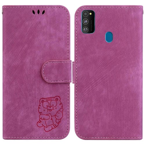 Para Samsung Galaxy M30s / M21 Funda para teléfono de cuero con relieve Little Tiger (rojo rosa)