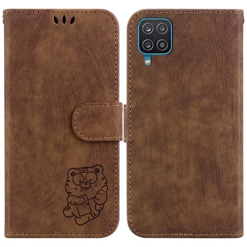 Para Samsung Galaxy F22 4G Funda para teléfono de cuero con relieve Little Tiger (marrón)